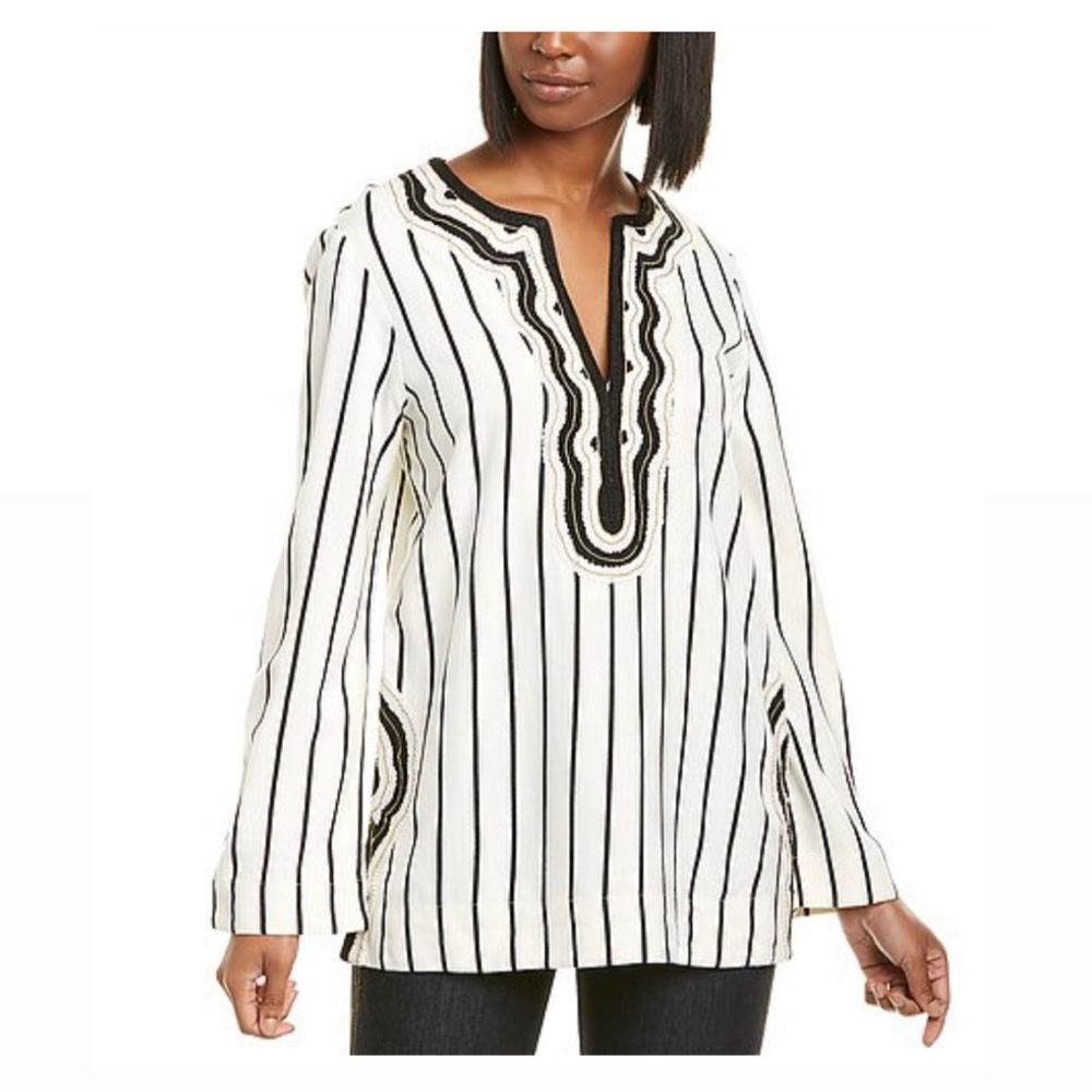 NEW Tory Burch Long Sleeve Stripe Tunic Top Size 2 Rayon Slub Stripe Tunic $348 - Picture 1 of 9